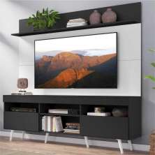 Rack com Painel TV 65" Madri Multimóveis Preto/Branco com Prateleira e Pés Retrô Branco 