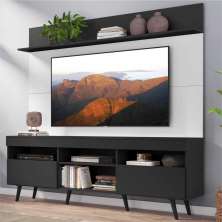 Rack com Painel TV 65" Madri Multimóveis Preto/Branco com Prateleira e Pés Retrô Preto 