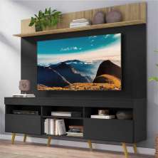 Rack com Painel e Suporte TV 65" Madri Multimóveis Preto/Rustic com Prateleira e Pés Retrô Natural