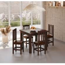 Conjunto Mesa Castanho De Madeira 88x88 Com 4 Cadeiras Estofadas Para Cozinha Sala De Jantar  Sfa