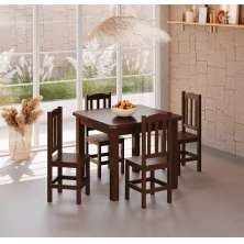 Conjunto Mesa Castanho De Madeira Maciça 88x88 + 4 Cadeiras Madeira Para Cozinha Sala De Jantar  Sfa