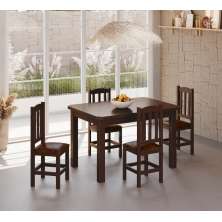 Conjunto Mesa De Madeira Castanho 120x88 Com 4 Cadeiras Estofadas Sfa