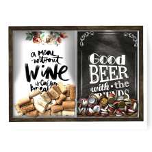 Quadro CAIXA 33x43 cm Porta Rolha Vinho E Tampinha Cerveja (2 Em 1) - Com LED Nerderia e Lojaria breakfast e Good beer black madeira