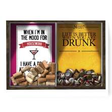 Quadro CAIXA 33x43 cm Porta Rolha Vinho E Tampinha Cerveja (2 Em 1) - Com LED Nerderia e Lojaria housework e drunk madeira