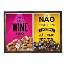 Quadro CAIXA 33x43 cm Porta Rolha Vinho E Tampinha Cerveja (2 Em 1) - Com LED Nerderia e Lojaria wine oclock e juizo madeira