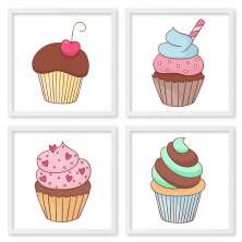 Quadros 20X20 (4 Uni) Nerderia Cupcakes Ilustracao
