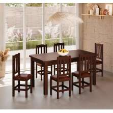 Conjunto Mesa De Madeira Castanho 160x88 + 6 Cadeiras Estofadas Sfa