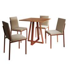 Conjunto de Mesa de Jantar com Tampo Imbuia e 4 Cadeiras Mônaco Veludo Bege e Cobre