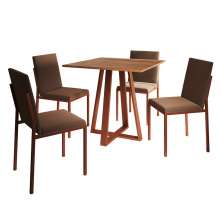 Conjunto de Mesa de Jantar com Tampo Imbuia e 4 Cadeiras Mônaco Veludo Marrom e Cobre