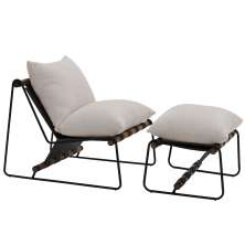 Kit Poltrona com Puff Turim Base Aço Preto Recouro Black Linho Off White - Nexta Casa