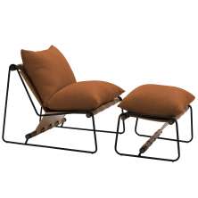 Kit Poltrona com Puff Turim Base Aço Preto Recouro Camel Poliéster Terracota - Nexta Casa