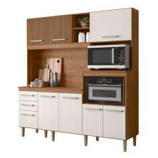 Armario de Cozinha Piatã com 7 Portas e 3 Gavetas 190 cm Ipe/Off White/Ripado