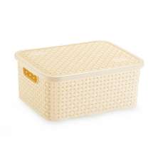 Caixa Organizadora de Plástico Rattan Pequeno com Tampa Creme
