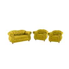 Conjunto 1 Namoradeira + 2 Poltronas Chesterfield Merlô Suede Amarelo / Decoração, barbearia, sala, recepção