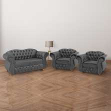 Conjunto 1 Namoradeira + 2 Poltronas Chesterfield Merlô Suede Cinza / Decoração, barbearia, sala, recepção