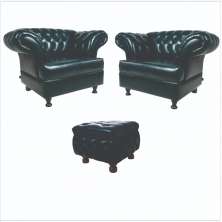 Kit 02 Poltronas Imperador com Puff Banqueta Chesterfield Pé Madeira - Corano Preto