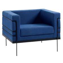 Poltrona Le Corbusier Linho Azul Marinho Base Aço Preto - OOCA Móveis