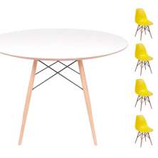 Conjunto Mesa Eames Eiffel DSW Redonda Branca 90cm + 4 Cadeiras Eames DSW - Amarela