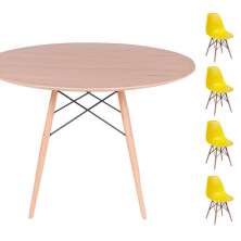 Conjunto Mesa Eames Eiffel DSW Redonda Freijó 120cm + 4 Cadeiras Eames DSW - Amarela