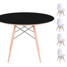 Conjunto Mesa Eames Eiffel DSW Redonda Preta 90cm + 4 Cadeiras Eames DSW - Branca