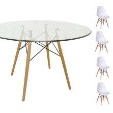 Conjunto Mesa Eames Eiffel Redonda Vidro 120cm + 4 Cadeiras Eames DSW - Branca