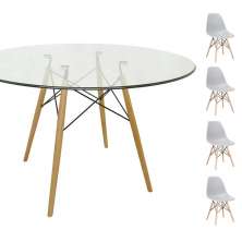 Conjunto Mesa Eames Eiffel Redonda Vidro 120cm + 4 Cadeiras Eames DSW - Cinza
