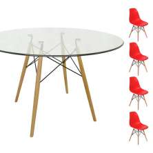 Conjunto Mesa Eames Eiffel Redonda Vidro 120cm + 4 Cadeiras Eames DSW - Vermelha