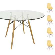 Conjunto Mesa Eames Eiffel Redonda Vidro 120cm + 4 Cadeiras Eames DSW Botonê - Amarela