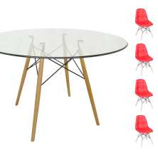 Conjunto Mesa Eames Eiffel Redonda Vidro 120cm + 4 Cadeiras Eames DSW Botonê - Vermelha