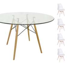 Conjunto Mesa Eames Eiffel Redonda Vidro 120cm + 4 Cadeiras Saarinen Wood - Branca