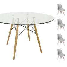 Conjunto Mesa Eames Eiffel Redonda Vidro 120cm + 4 Cadeiras Saarinen Wood - Cinza