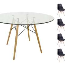 Conjunto Mesa Eames Eiffel Redonda Vidro 120cm + 4 Cadeiras Saarinen Wood - Preta