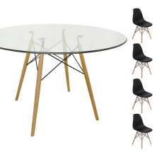 Conjunto Mesa Eames Eiffel Redonda Vidro 90cm + 4 Cadeiras Eames DSW - Preta
