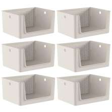 6 Caixas Organizadoras Flow 16L Cestos Bege Abertura Frontal