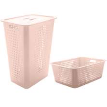 Conjunto Cesto Organizador Para Roupas Com Tampa E Caixa Organizadora Rosa Nude