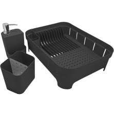 Kit 3 Utensílios Escorredor De Louça Talher Porta Detergente Preto