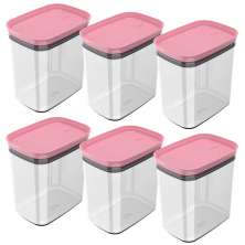 Kit 6 Potes Herméticos Retangulares Médios com Tampa 1,5L Porta Mantimentos Cozinha Rosa Quartzo