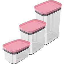 Kit Potes Herméticos Retangulares 0,65L 1,5L e 2,3L Porta Mantimentos com Tampa Rosa Quartzo