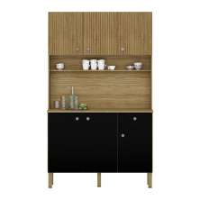 Armário de Cozinha Compacta 6 Portas e 1 Gaveta 111cm Veneza Ripado Freijó/Preto - Pallazio