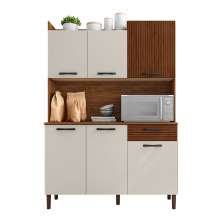 Armário de Cozinha Compacta 6 Portas e 1 Gaveta 121cm Florença Ripado Nogueira/Off White - Pallazio
