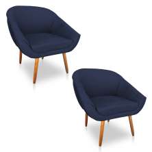 Kit 02 Poltronas Bianca Suede Azul Marinho Pés Palito Castanho - Pallazio