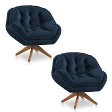 Kit 02 Poltronas Chicago Giratória Veludo Azul Marinho Base de Madeira - Pallazio