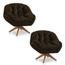 Kit 02 Poltronas Chicago Giratória Veludo Marrom Base de Madeira - Pallazio
