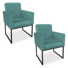 Kit 02 Poltronas Clarice Veludo Azul Turquesa Base Metálica Industrial Preto - Pallazio
