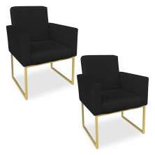 Kit 02 Poltronas Clarice Veludo Preto Base Metálica Industrial Dourado - Pallazio