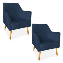 Kit 02 Poltronas Decorativa Julia Veludo Azul Marinho Pés Palito Castanho - Pallazio