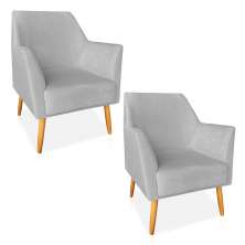 Kit 02 Poltronas Decorativa Julia Veludo Cinza Pés Palito Castanho - Pallazio