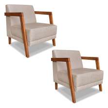 Kit 02 Poltronas Decorativa Natália Linho Areia Base em Madeira Castanho - Pallazio