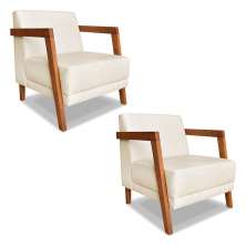 Kit 02 Poltronas Decorativa Natália Linho Bege Base em Madeira Castanho - Pallazio