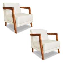 Kit 02 Poltronas Decorativa Natália Linho Natural Base em Madeira Castanho - Pallazio